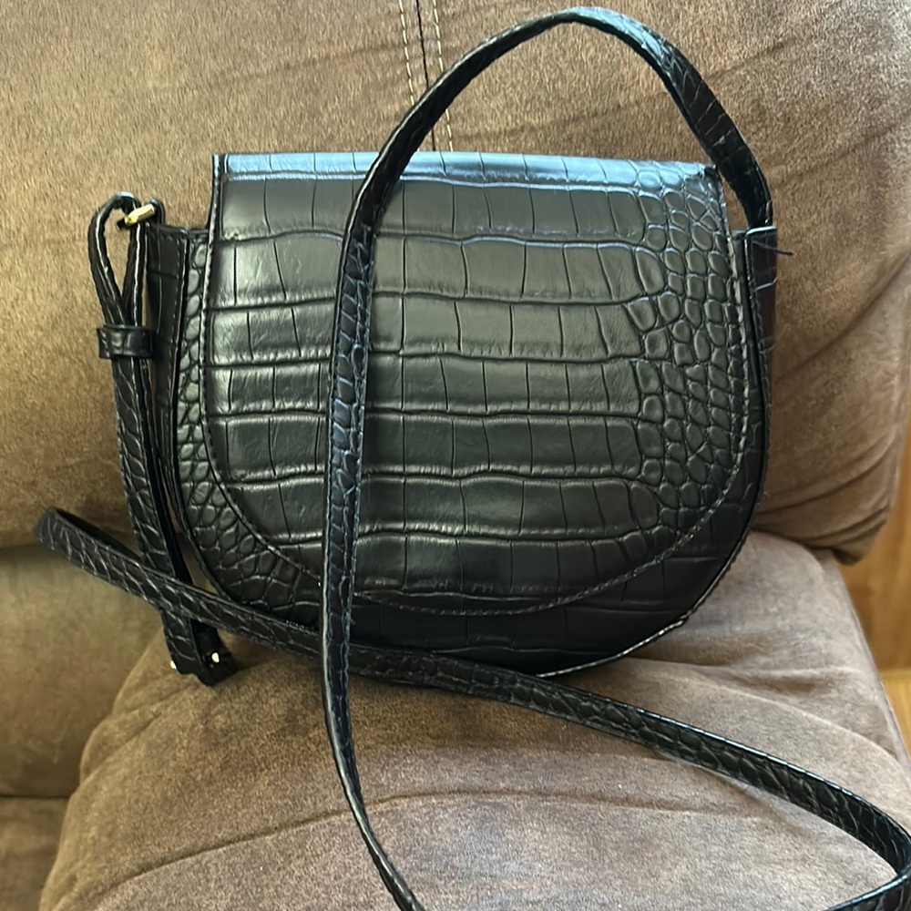 Black Crocodile-Embossed Crossbody Bag